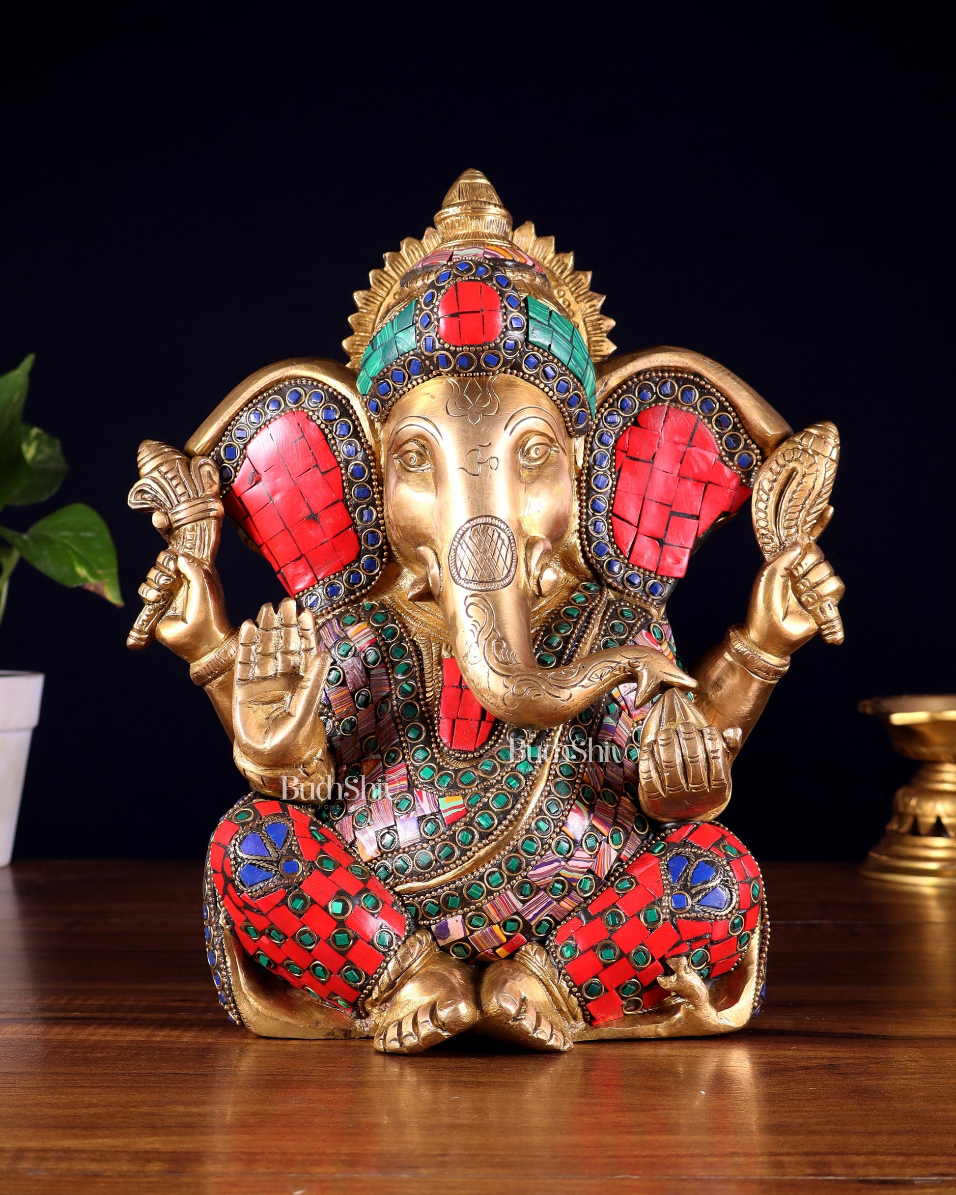 Brass Lord Ganesha Statue with unique Stonework - 10" | 100% Certified Copper & Brass - Sama Homes Idol - Brass Sculpture - Eco-friendly - Sama Homes