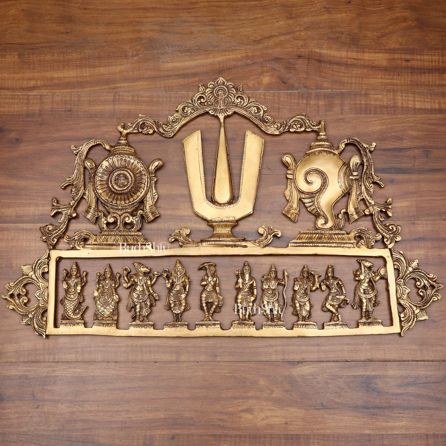 Pure Brass Vishnu Dashavatar Wall Panel with Shankh Chakra Design 24 inch - Sama Homes Idol - Brass Sculpture