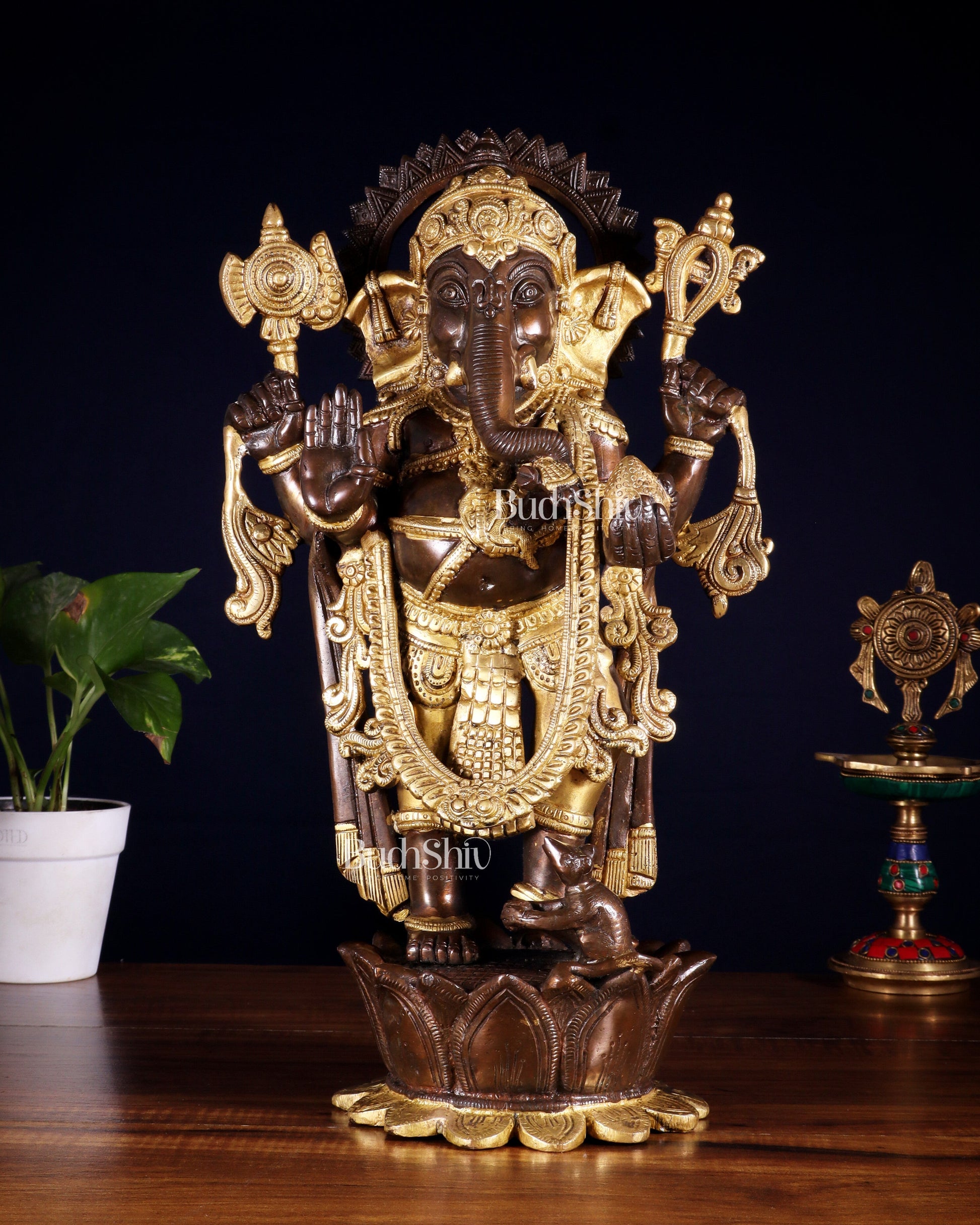Pure Brass Standing Ganesha on Lotus Pedestal – South Indian Copper & Gold Tone Finish - Sama Homes Idol - Brass Sculpture - Eco-friendly - Sama Homes