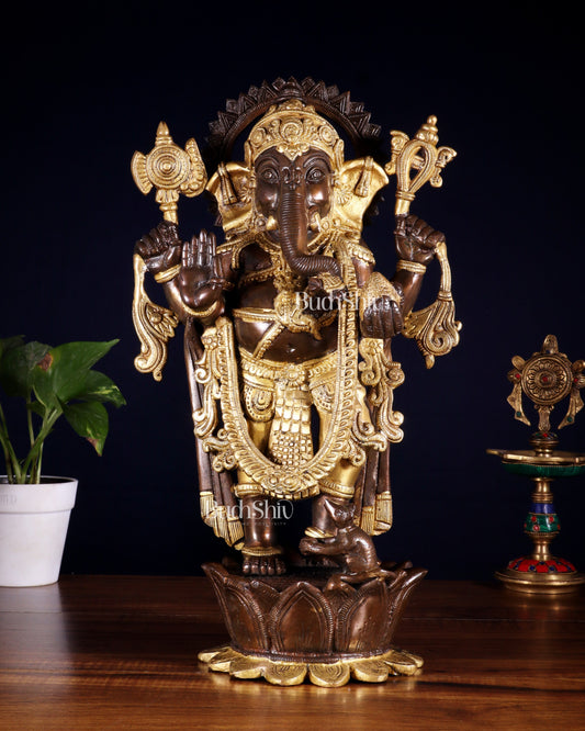 Pure Brass Standing Ganesha on Lotus Pedestal – South Indian Copper & Gold Tone Finish - Sama Homes Idol - Brass Sculpture