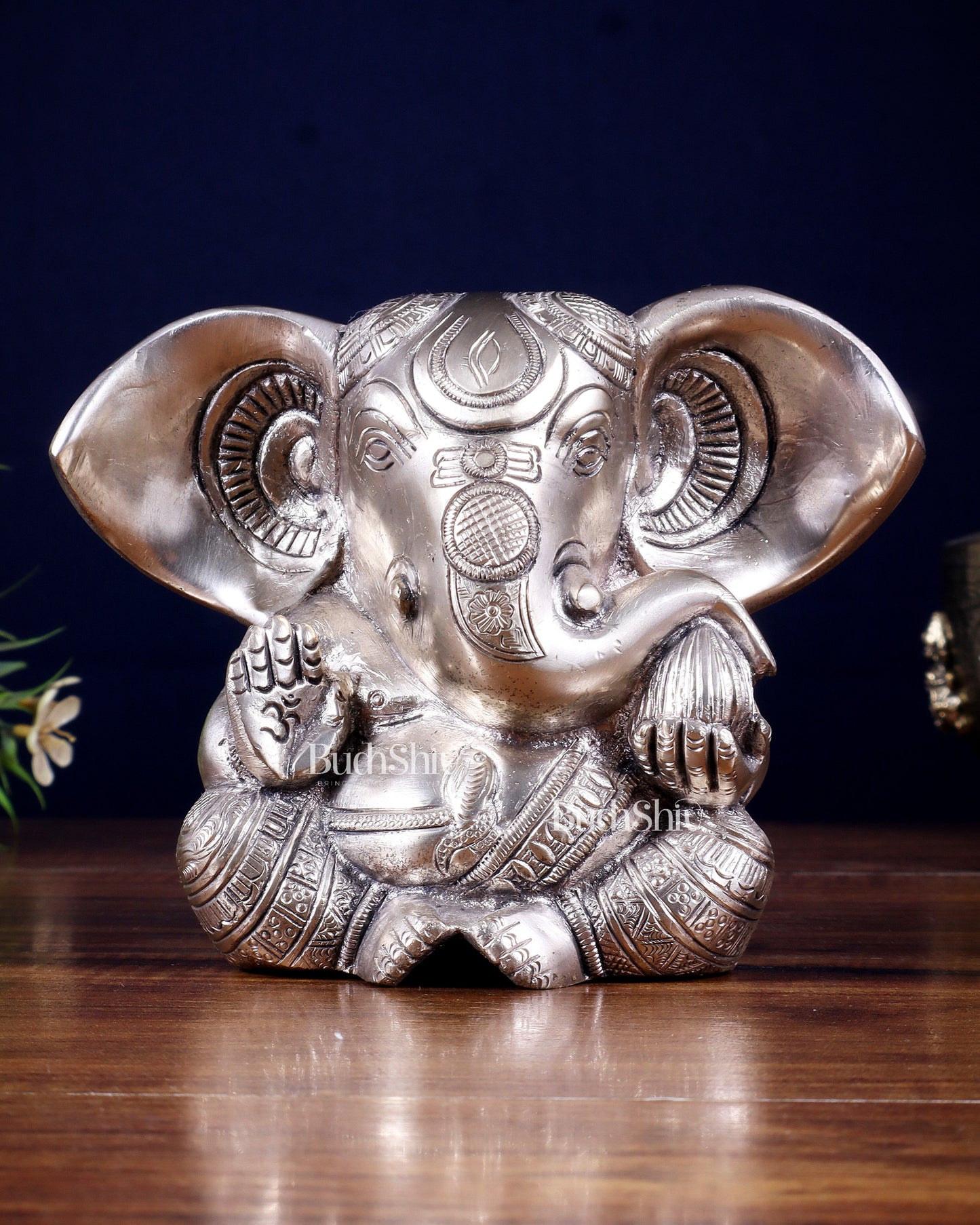 Pure Brass Ganesha Superfine Statue Big ears 6" silver plated - Sama Homes Idol - Brass Sculpture