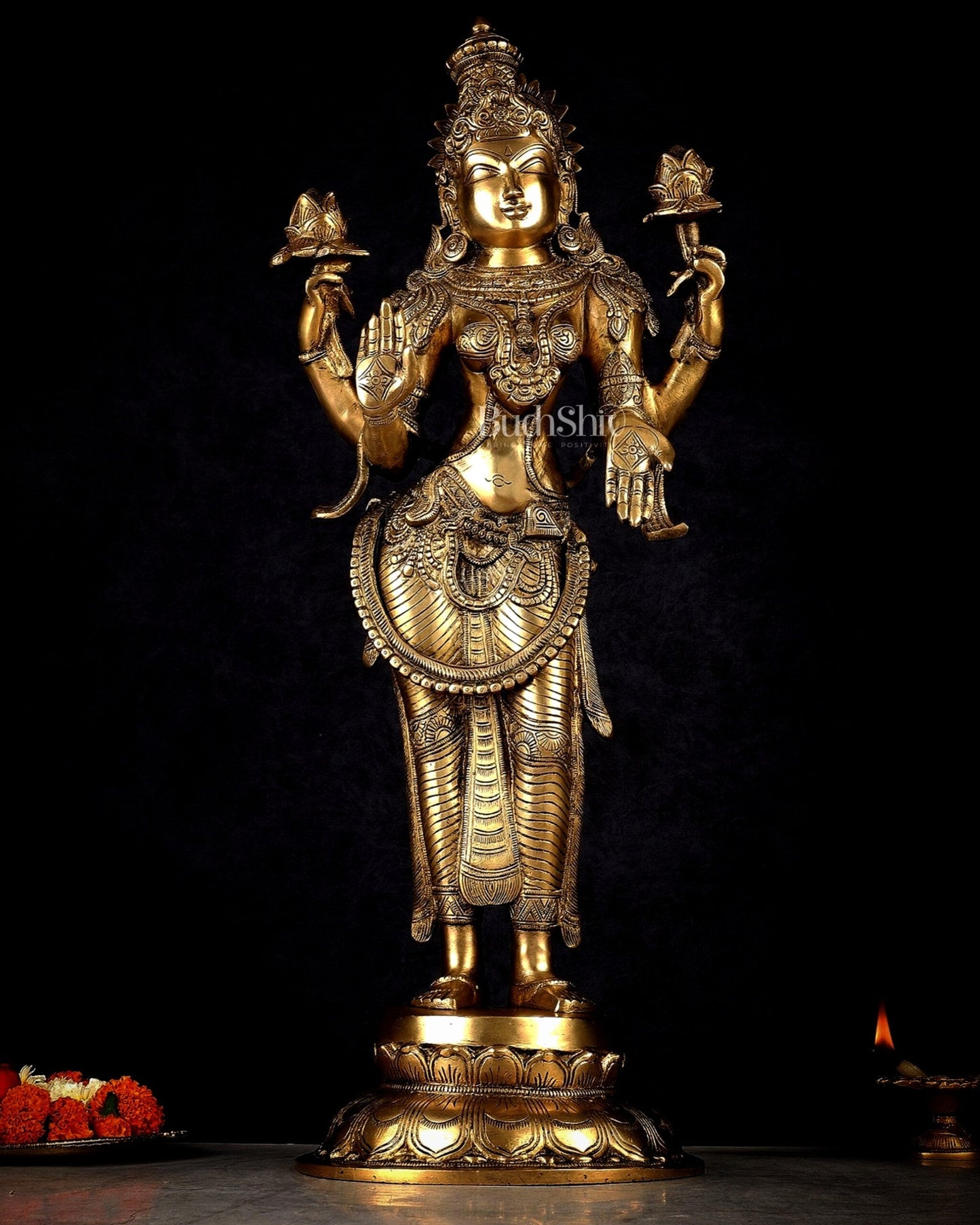 Pure Brass Standing Lakshmi Statue – 24.5” - Sama Homes Idol - Brass Sculpture