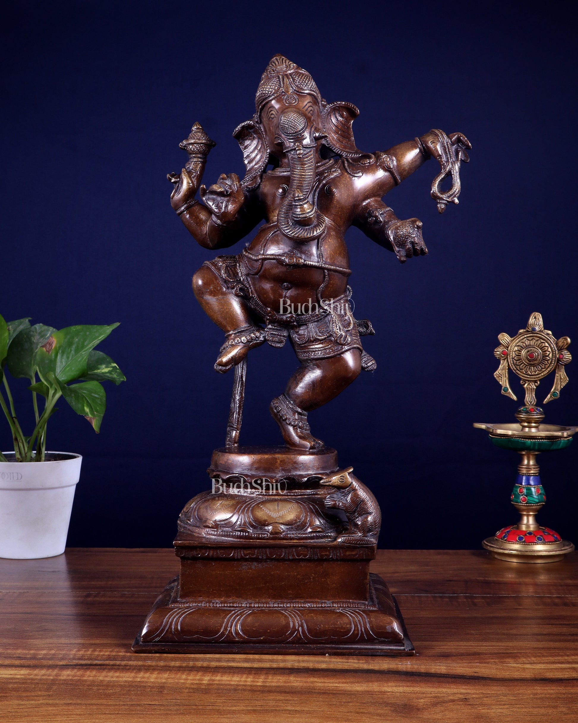 Pure Brass Dancing Ganesha Statue – Brown Tone Finish 16 inch - Sama Homes Idol - Brass Sculpture - Eco-friendly - Sama Homes