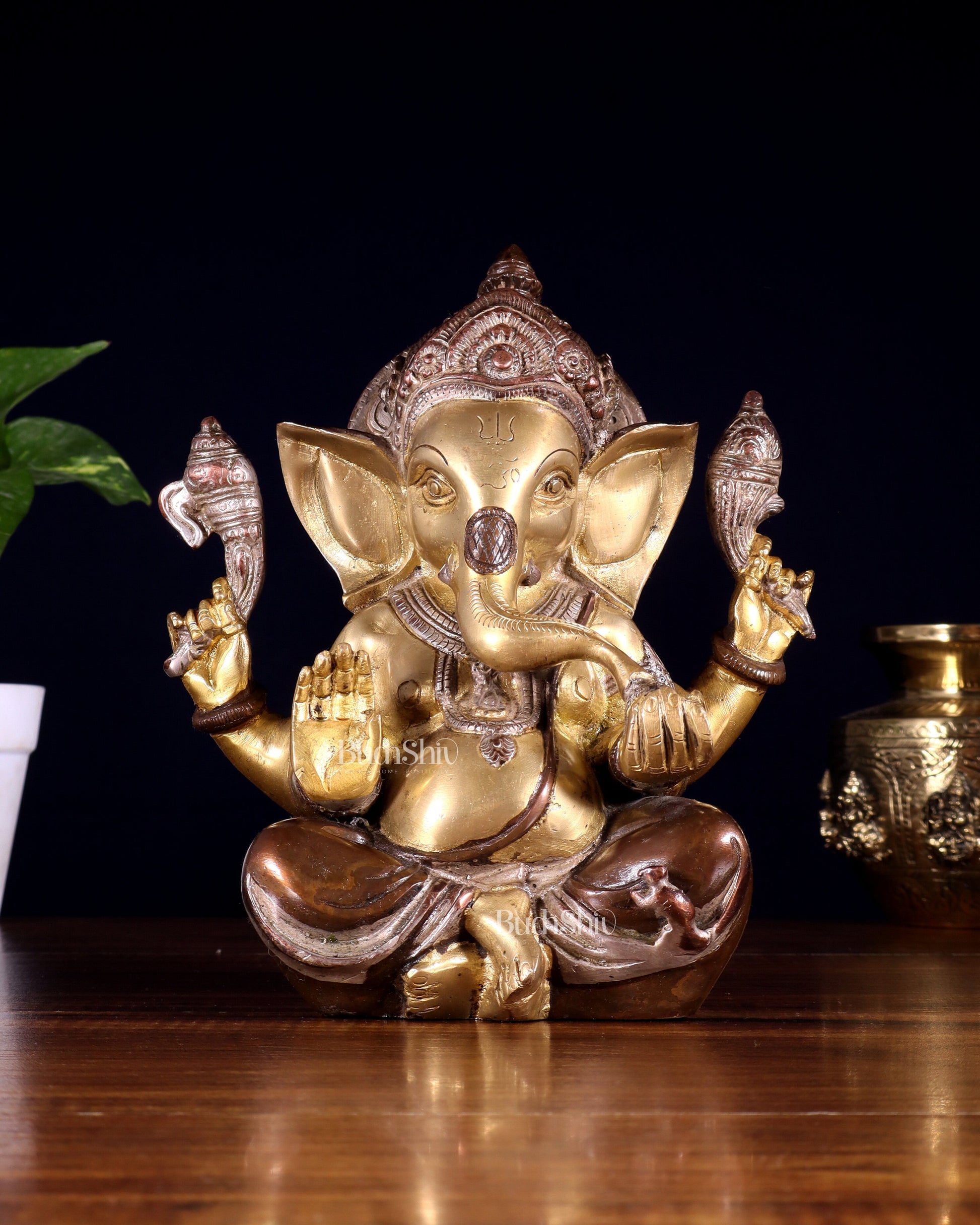 Brass Ganesha Idol with Sharp Features - 8 Inch three tone | 100% Certified Copper & Brass - Sama Homes Idol - Brass Sculpture - Eco-friendly - Sama Homes