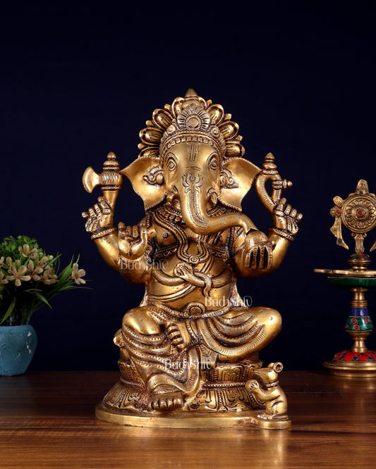 Pure Brass Ganesha Statue - 11 Inch - Sama Homes Idol - Brass Sculpture