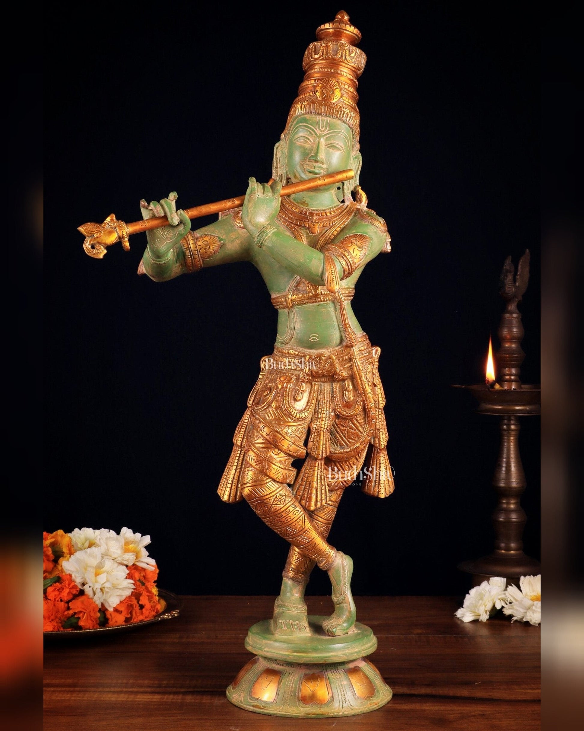Pure Brass Lord Krishna Statue - green patina , 23 Inches - Sama Homes Idol - Brass Sculpture - Eco-friendly - Sama Homes