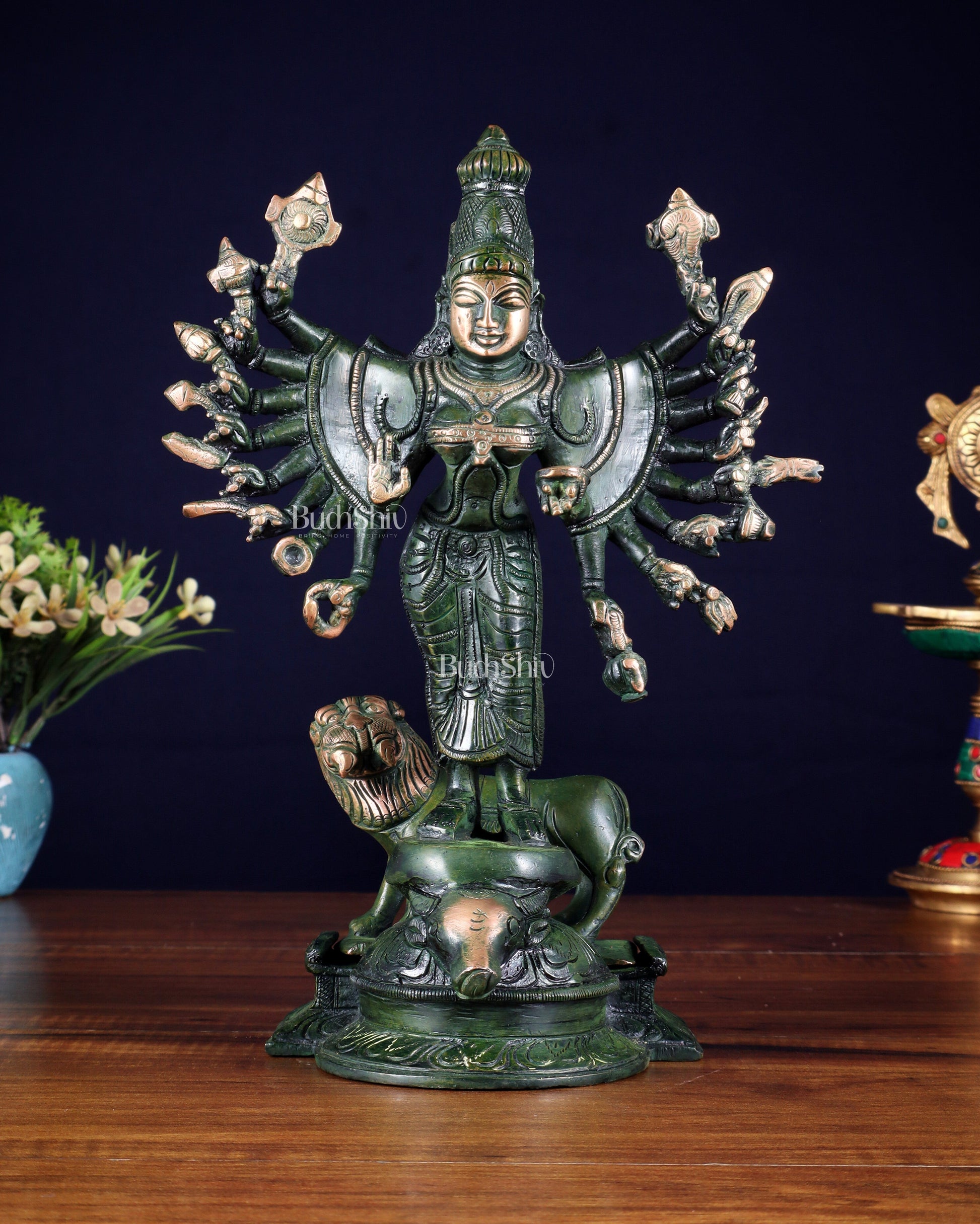 Mahisasur Mardini Durga Brass Idol 10" green patina tone - Sama Homes Idol - Brass Sculpture - Eco-friendly - Sama Homes