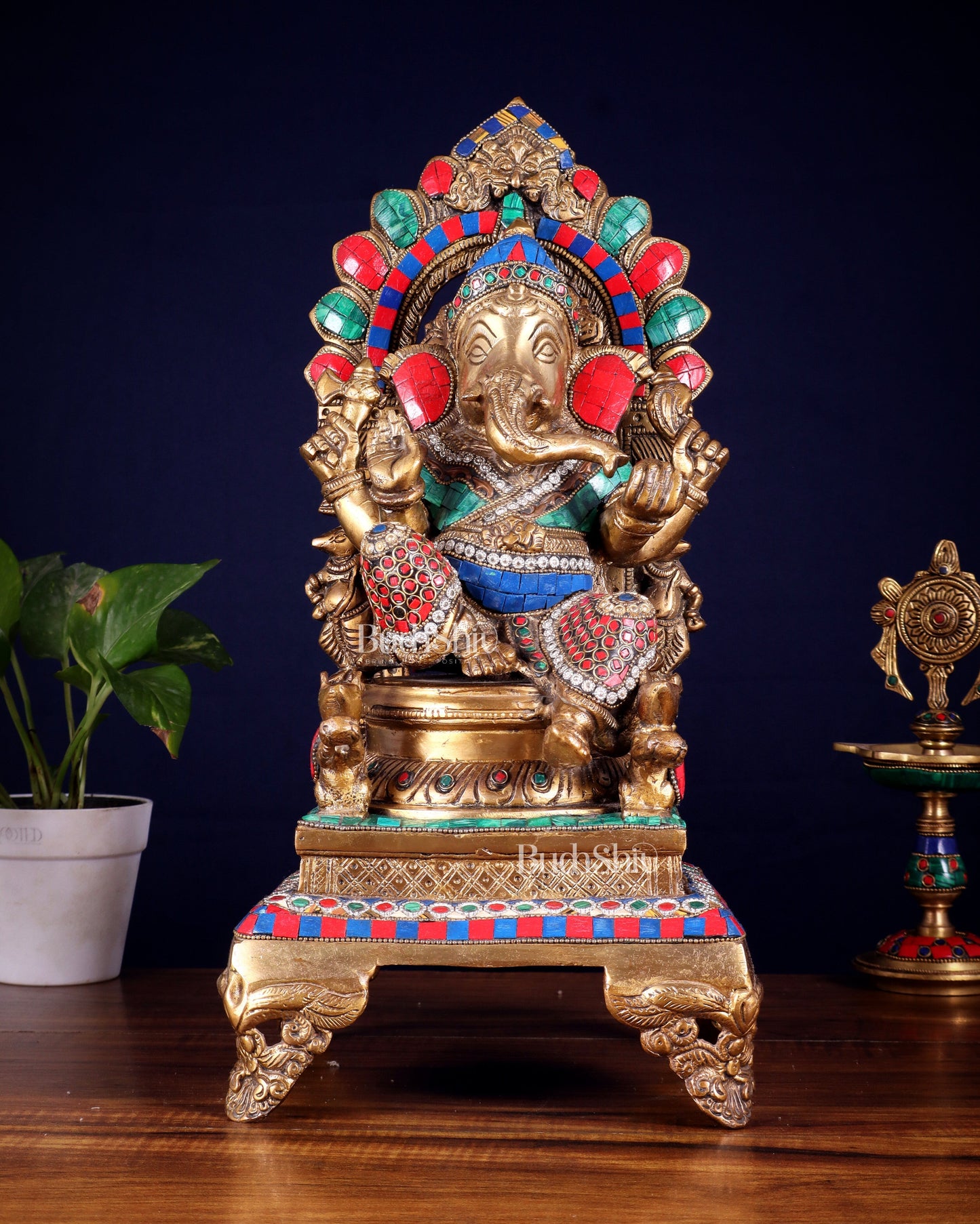 Brass Ganapati Statue on Throne - 17 inch | 100% Certified Copper & Brass - Sama Homes Idol - Brass Sculpture
