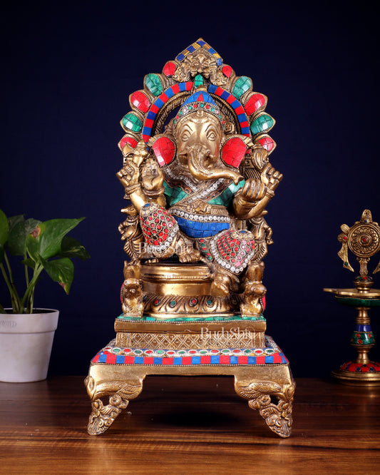 Brass Ganapati Statue on Throne - 17 inch | 100% Certified Copper & Brass - Sama Homes Idol - Brass Sculpture