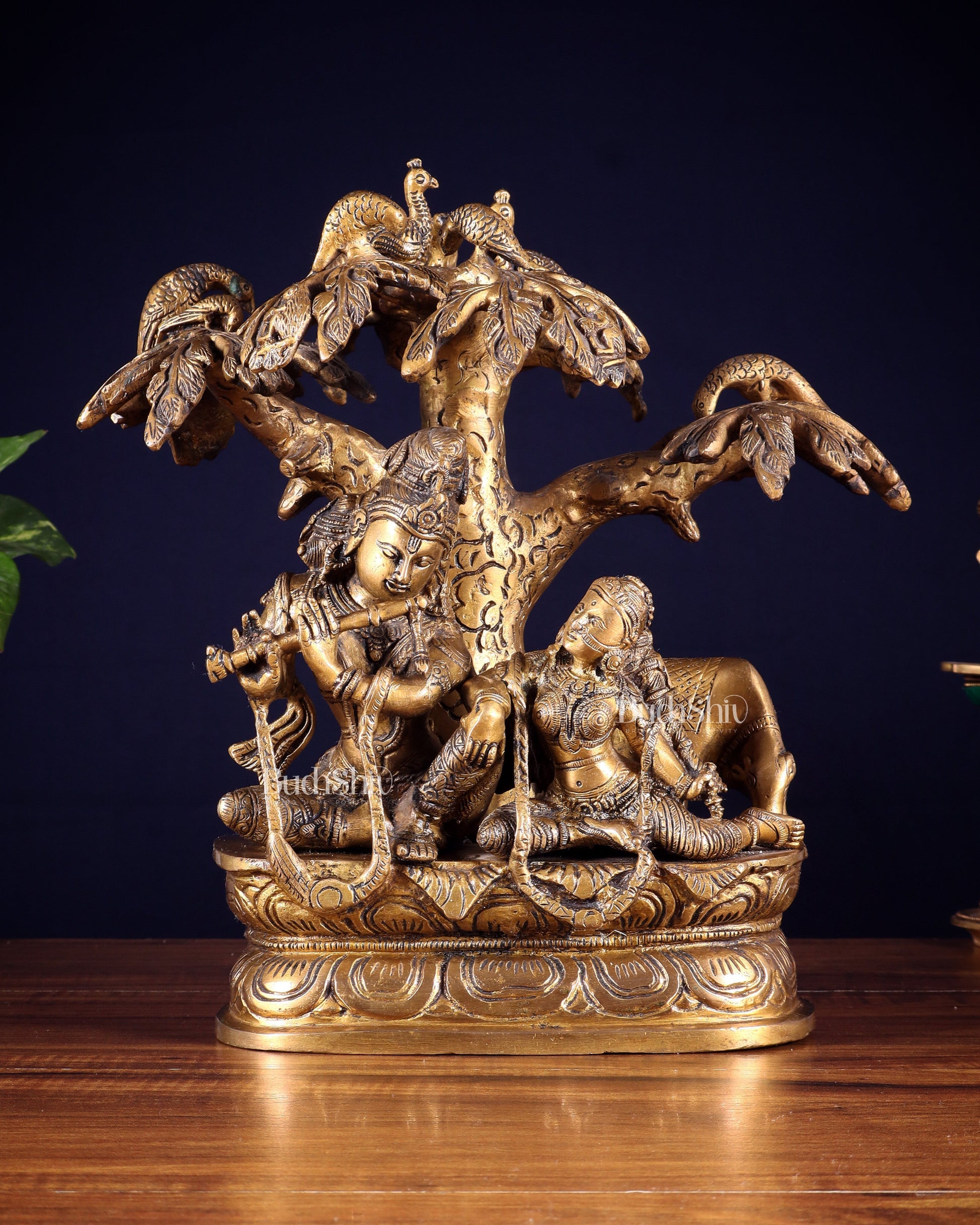 Brass Radha Krishna sitting Under Tree Idol - 10 inch | 100% Certified Copper & Brass - Sama Homes Idol - Brass Sculpture - Eco-friendly - Sama Homes