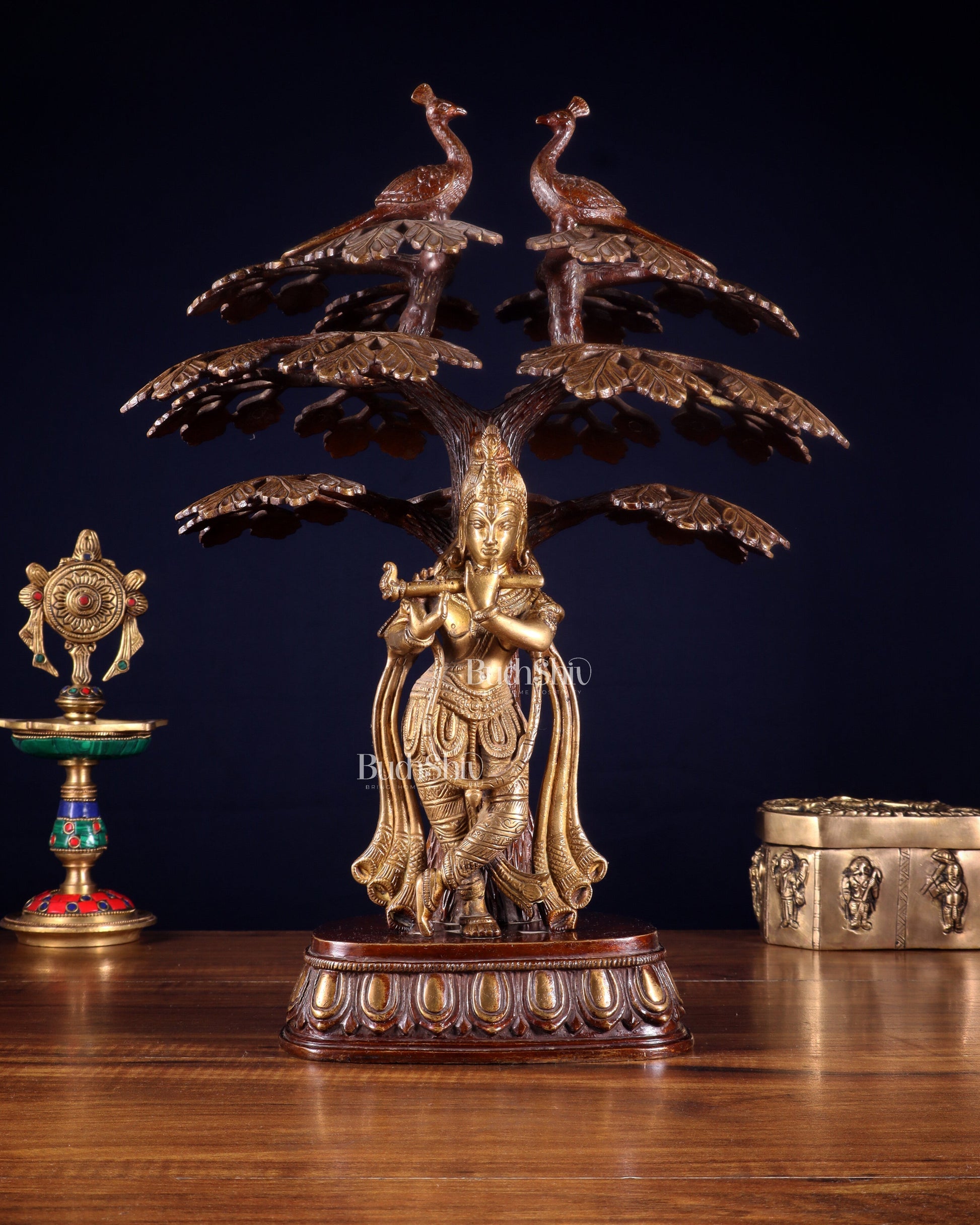 Brass Krishna Under Kadamba Tree Statue 16" | 100% Certified Copper & Brass - Sama Homes Idol - Brass Sculpture - Eco-friendly - Sama Homes