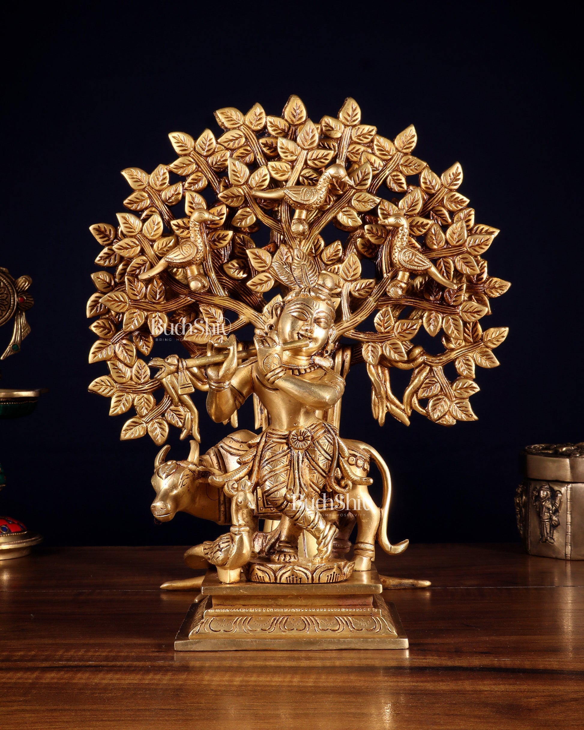 Pure Brass Krishna with Cow & Kalpavriksha Tree Combo 12 inch - Sama Homes Idol - Brass Sculpture - Eco-friendly - Sama Homes