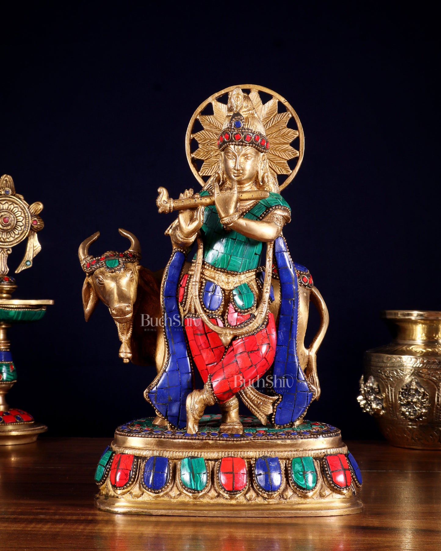 Pure Brass Lord Krishna Statue with cow idol 9" - Sama Homes Idol - Brass Sculpture