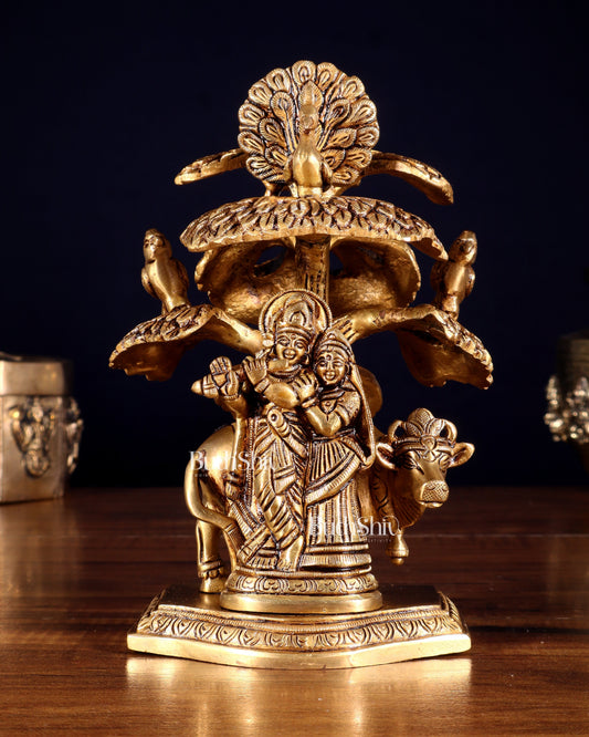 Superfine Brass Radha Krishna with Cow Under Tree Idol - 7" Height - Sama Homes Idol - Brass Sculpture