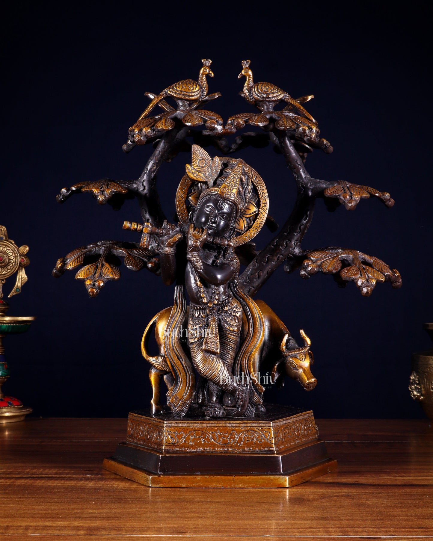 Brass Lord Krishna with Cow and tree statue black 13 inch | 100% Certified Copper & Brass - Sama Homes Idol - Brass Sculpture