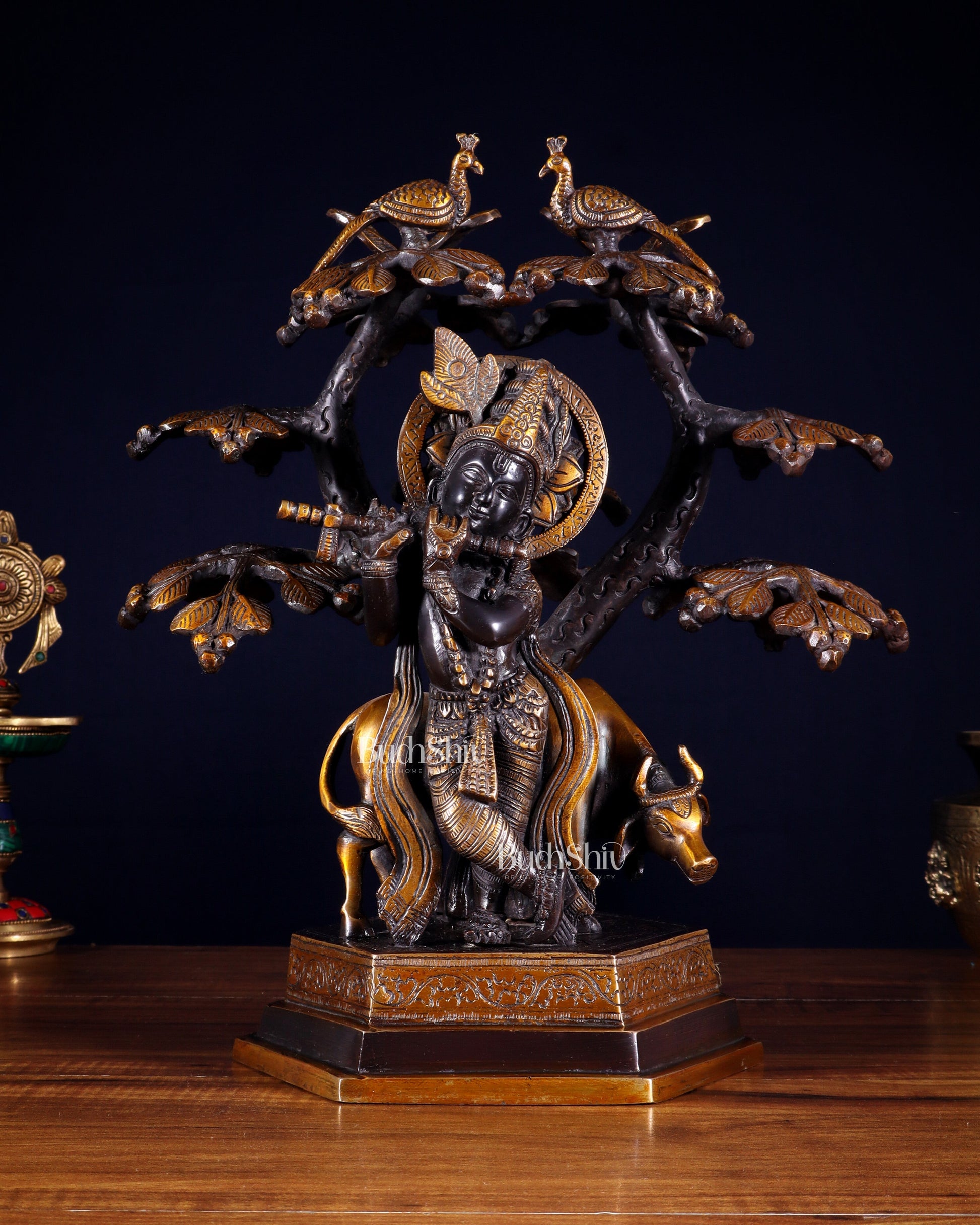 Brass Lord Krishna with Cow and tree statue black 13 inch | 100% Certified Copper & Brass - Sama Homes Idol - Brass Sculpture - Eco-friendly - Sama Homes