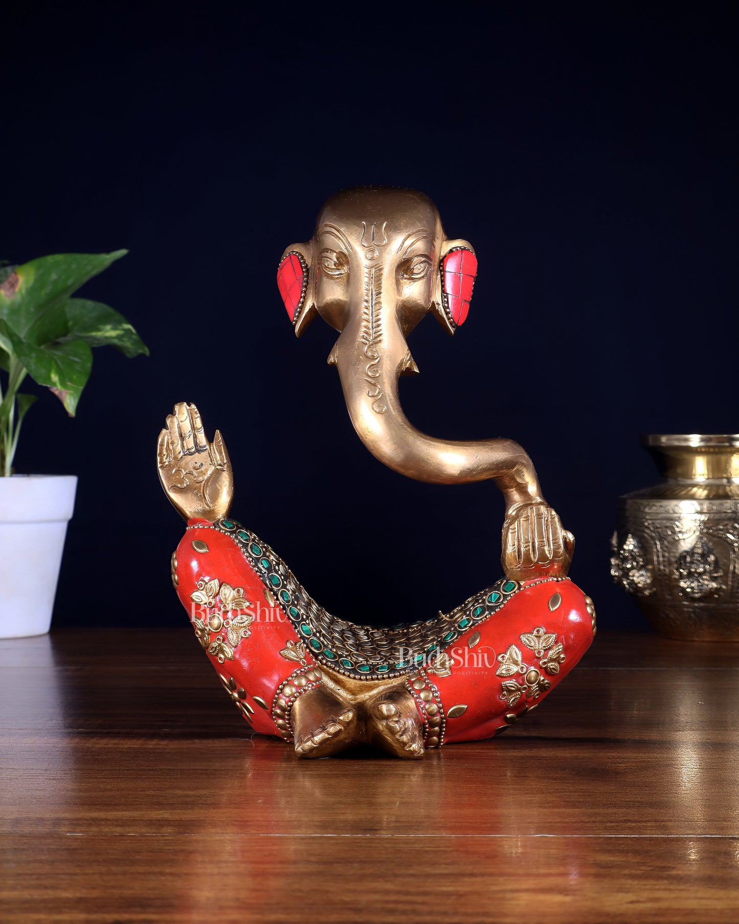 Ganesha Abstract Brass with stonework 8.5 inch statue - Sama Homes Idol - Brass Sculpture