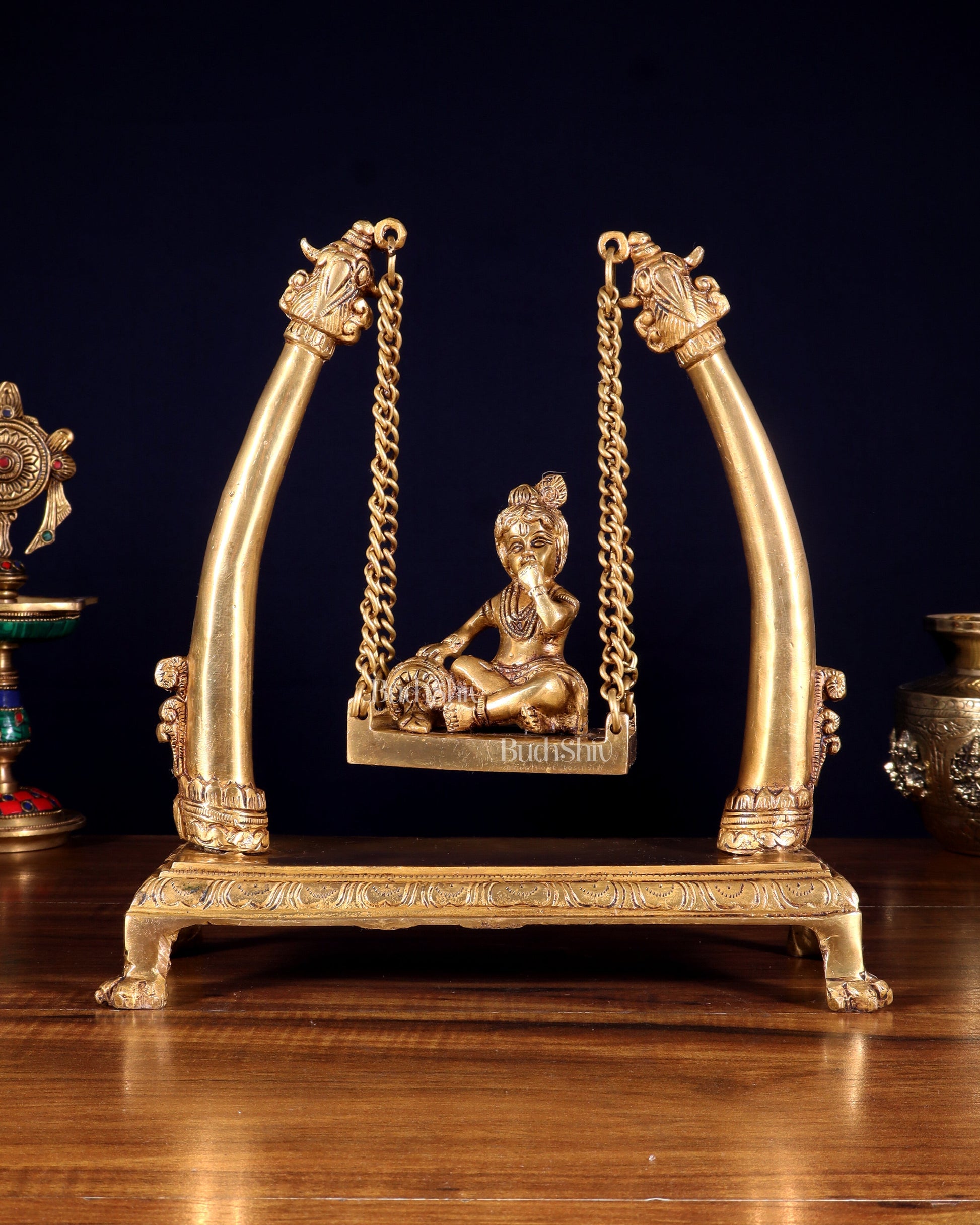 Pure Brass Bal Gopal Makhan Chor on Swing Idol 10 inch - Sama Homes Idol - Brass Sculpture - Eco-friendly - Sama Homes