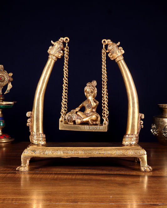 Pure Brass Bal Gopal Makhan Chor on Swing Idol 10 inch - Sama Homes Idol - Brass Sculpture