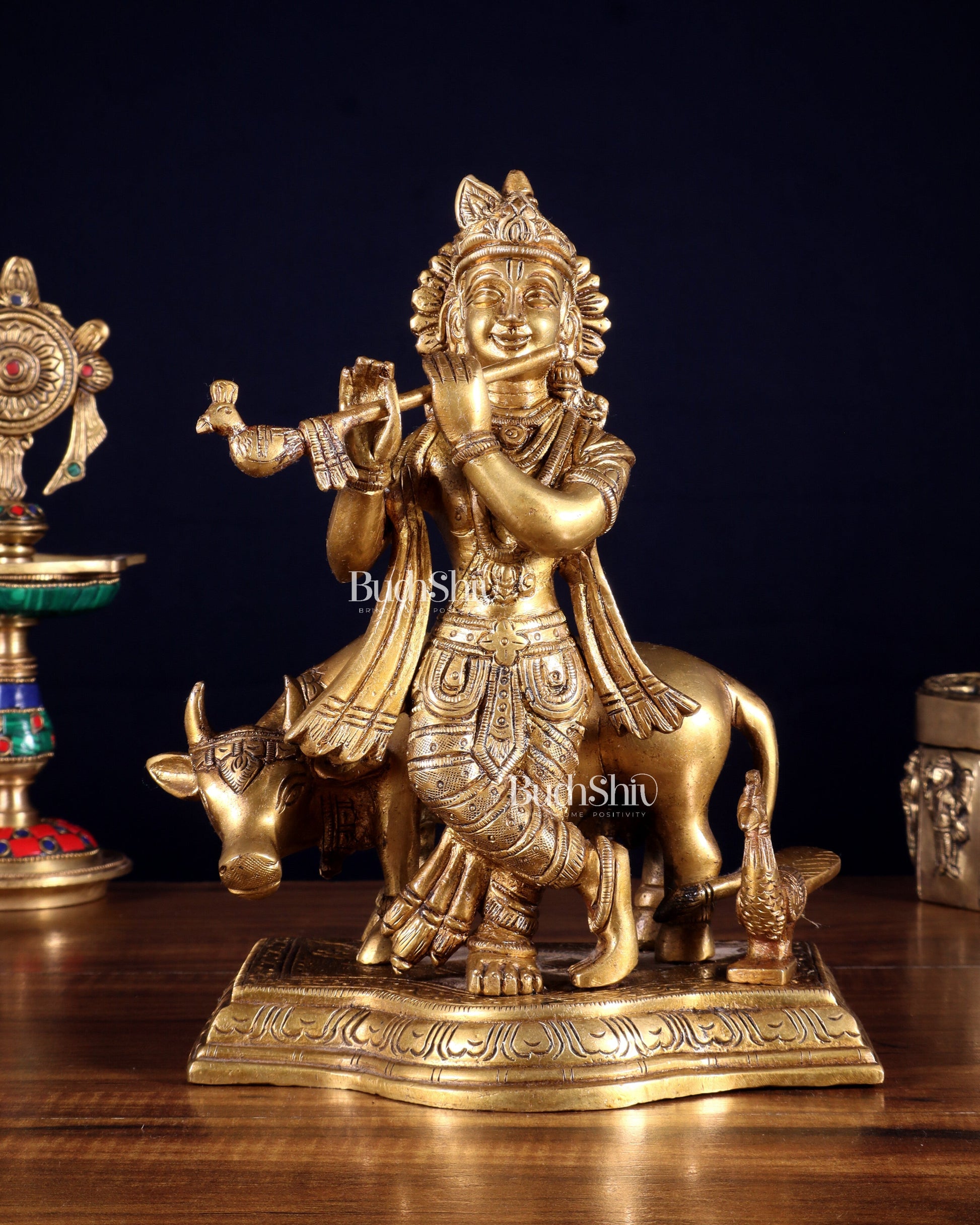 Brass Lord Krishna with Cow Statue Idol Murti 8 inch | 100% Certified Copper & Brass - Sama Homes Idol - Brass Sculpture - Eco-friendly - Sama Homes