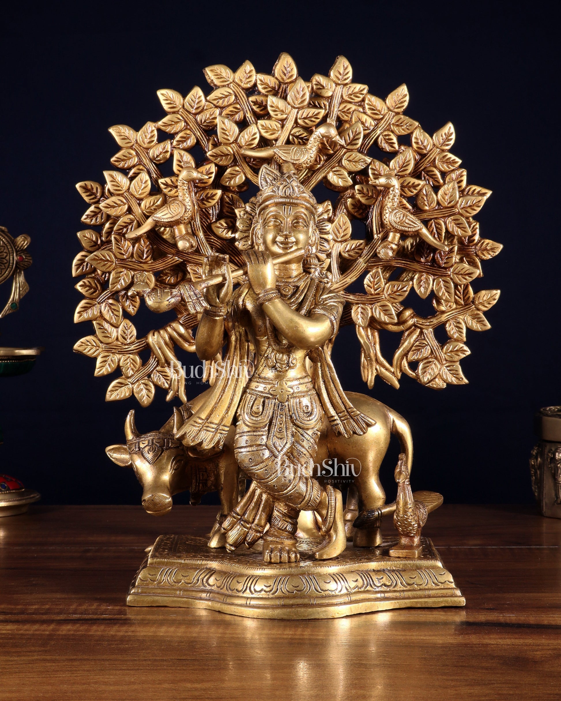 Pure Brass Lord Krishna with Cow & Kalpavriksha Tree Statue 12 inch - Sama Homes Idol - Brass Sculpture - Eco-friendly - Sama Homes