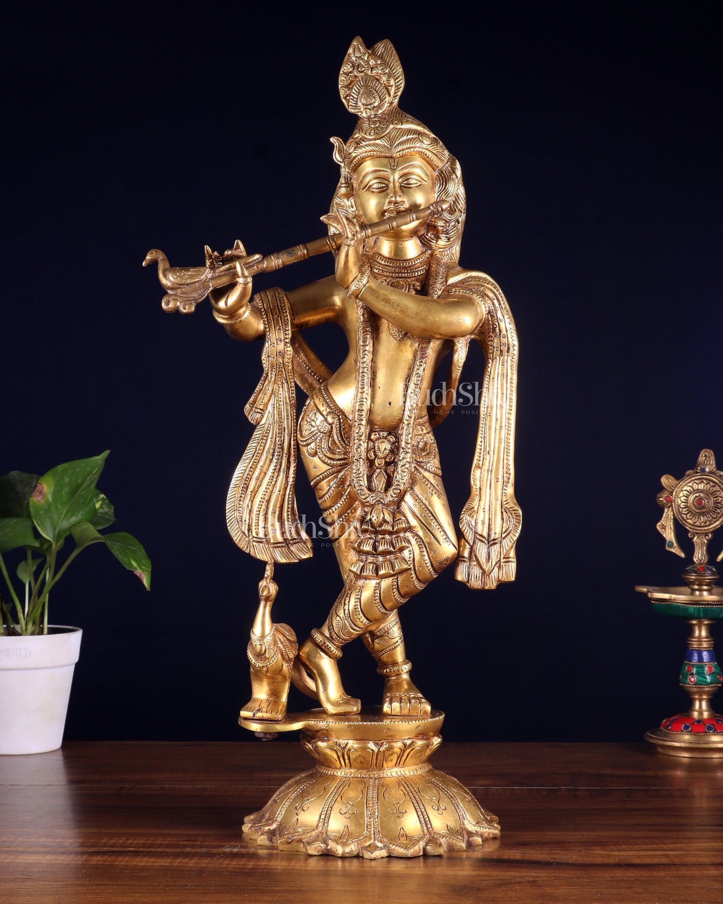 Brass Krishna Standing on a Lotus Base – Pure Brass Unique Sculpture 19" | 100% Certified Copper & Brass - Sama Homes Idol - Brass Sculpture