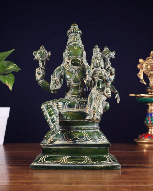 Pure Brass Varaha Lakshmi Statue – Antique Green Tone 9.5" - Sama Homes Idol - Brass Sculpture