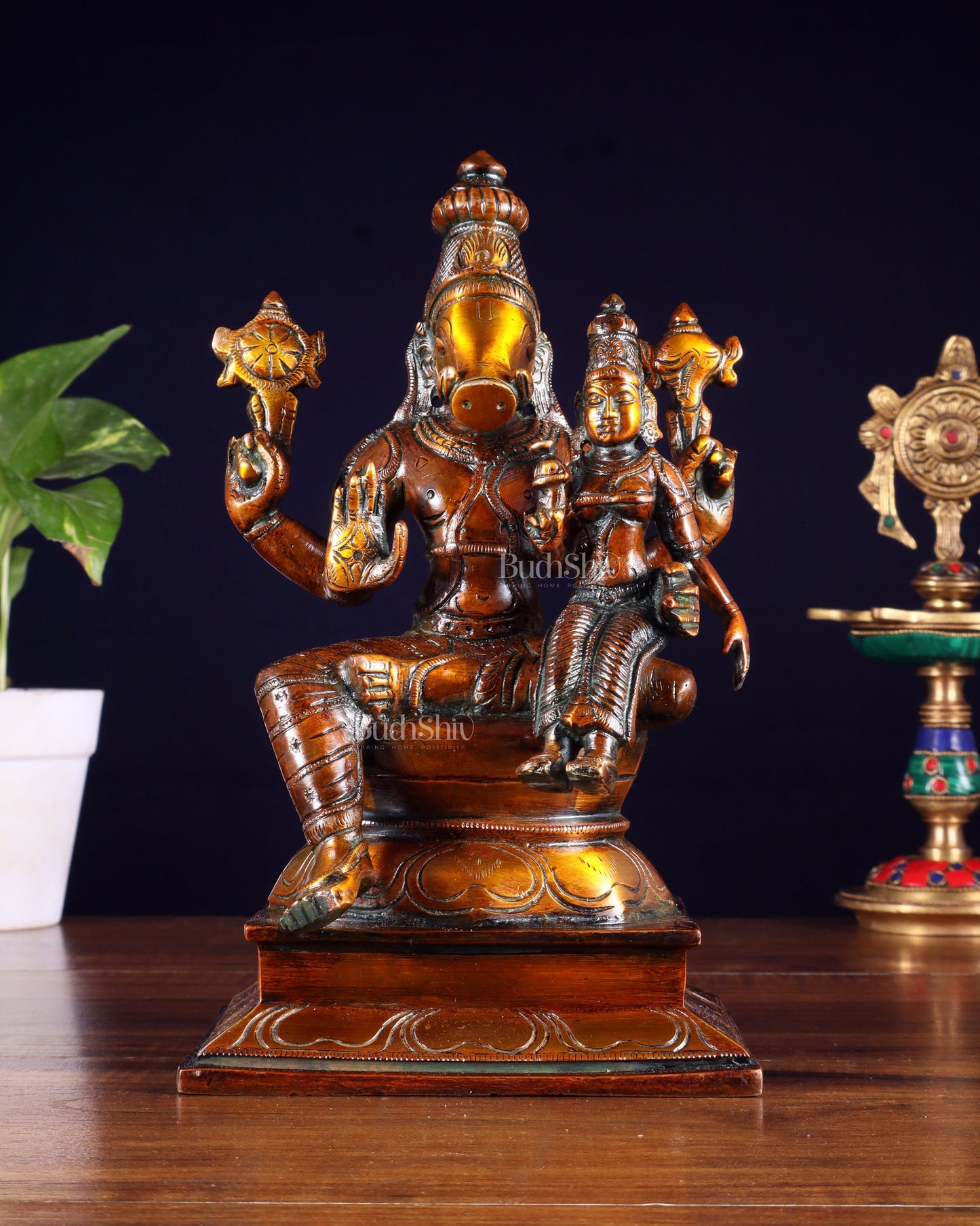 Pure Brass Varaha Lakshmi Statue – Antique Chola Tone 9.5" - Sama Homes Idol - Brass Sculpture