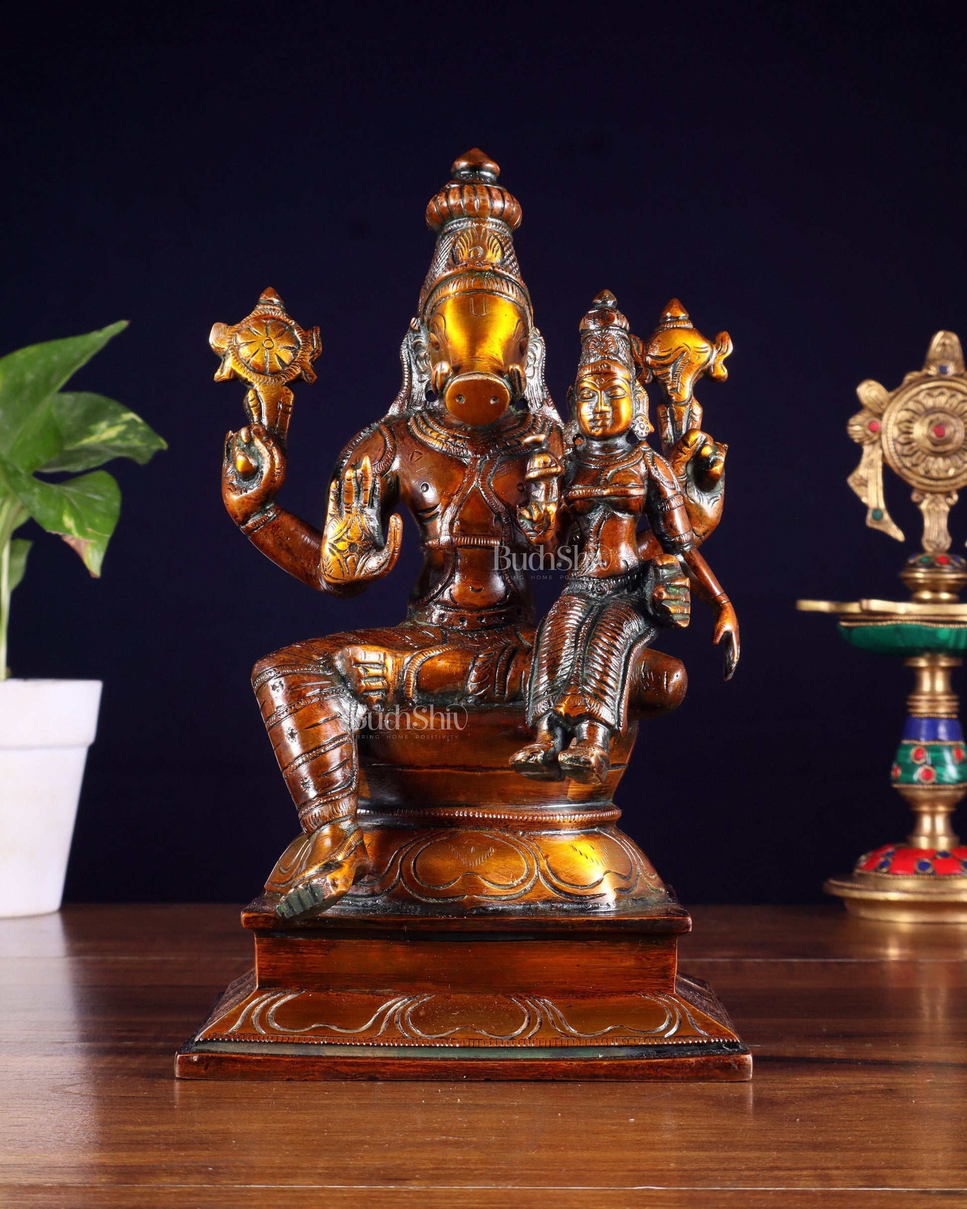 Pure Brass Varaha Lakshmi Statue – Antique Chola Tone 9.5" - Sama Homes Idol - Brass Sculpture - Eco-friendly - Sama Homes