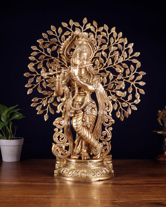 Pure Brass Lord Krishna with Kalpavriksha tree Statue 23" - Sama Homes Idol - Brass Sculpture