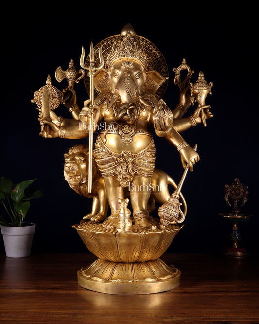 Pure Brass Large Kana Drishti Ganesha Standing with Lion Statue 24 inch - Sama Homes Idol - Brass Sculpture