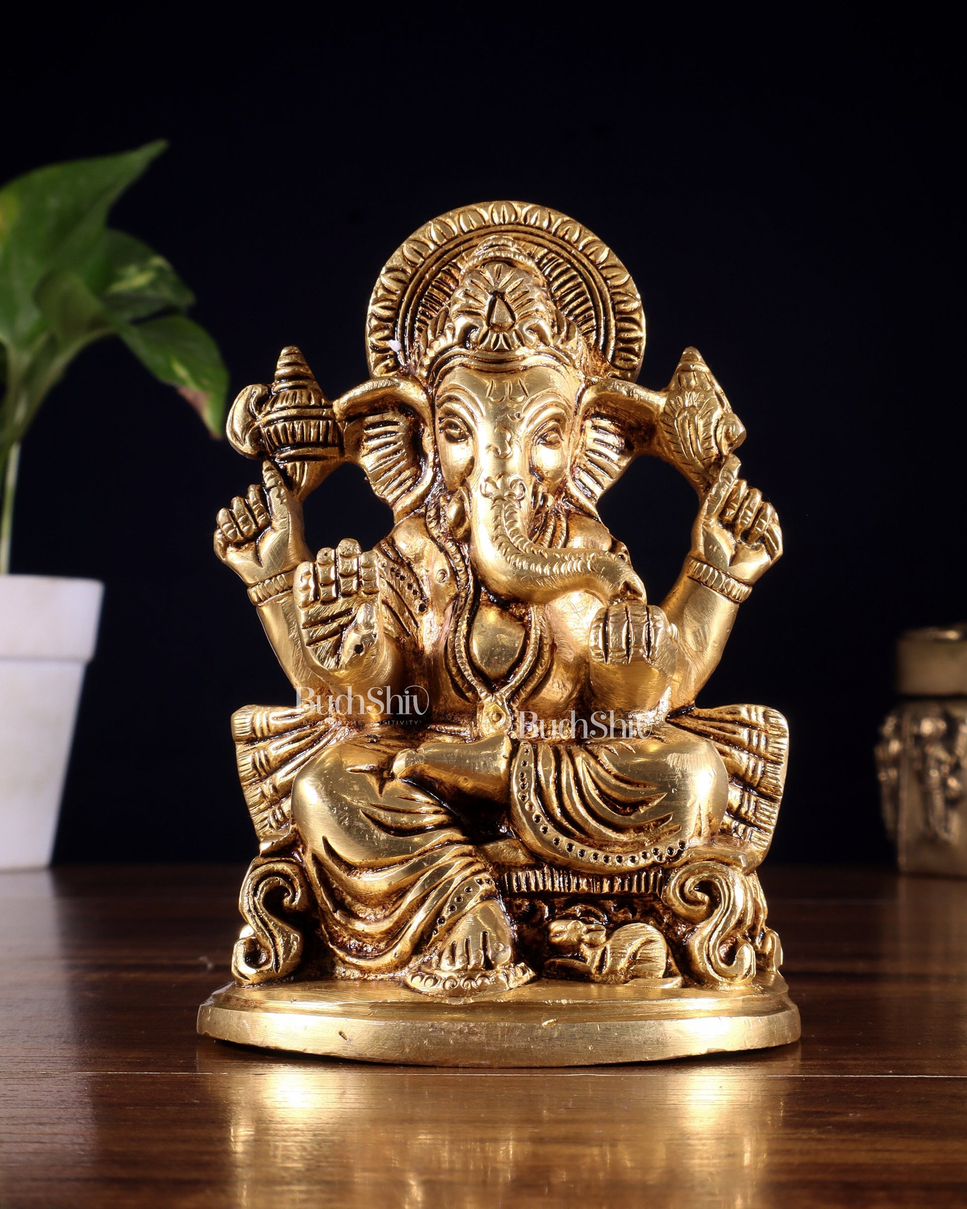 Pure Brass Ganesha Idol – Superfine Carvings 6" - Sama Homes Idol - Brass Sculpture - Eco-friendly - Sama Homes