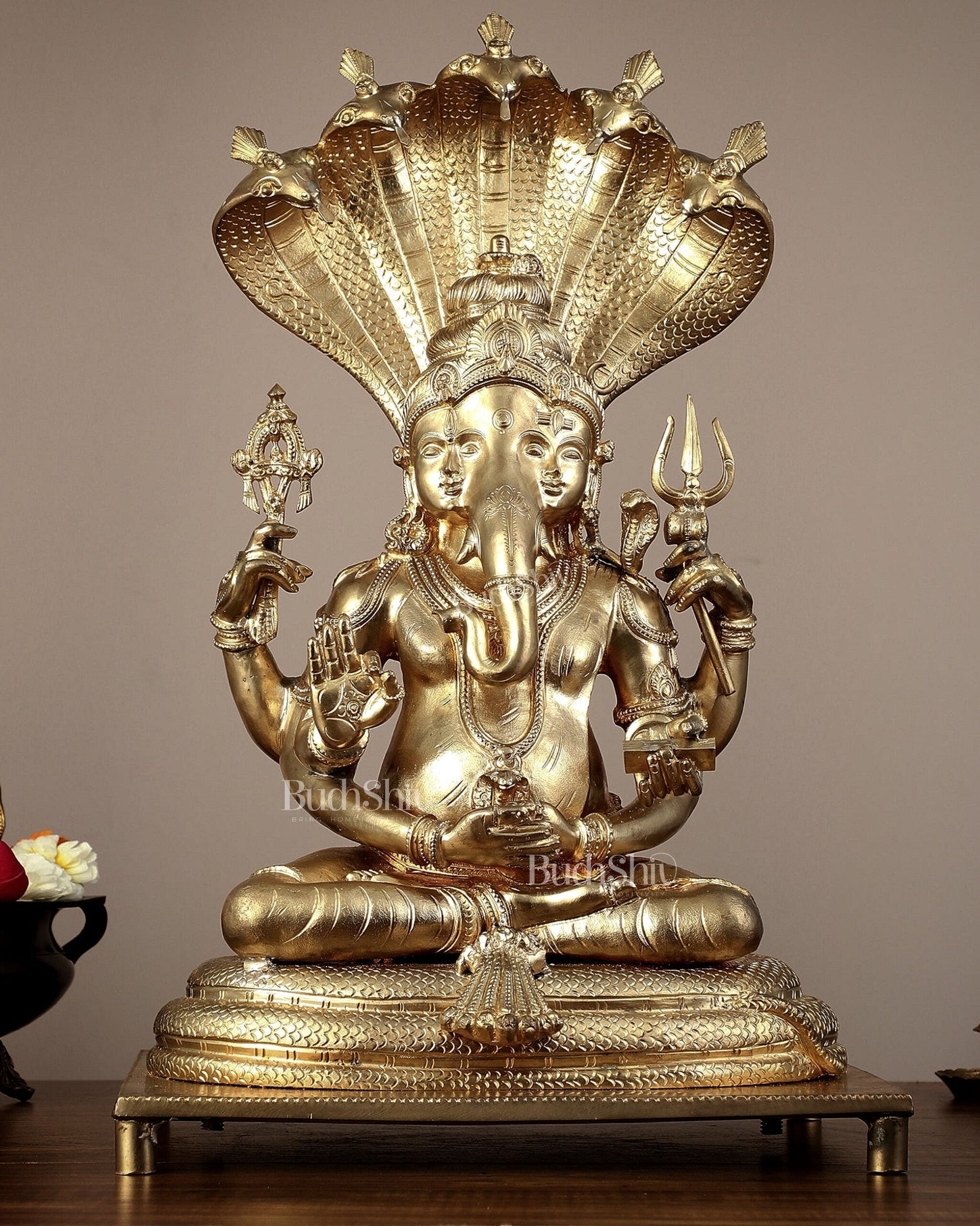 Bronze Lord Ganesha with Shiva and Parvati Idol - 18.5" panchaloha sculpture - Sama Homes Idol - Brass Sculpture - Eco-friendly - Sama Homes