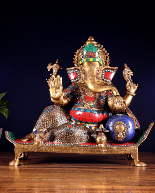 Brass Ganesha resting Statue with Stonework - 16 Inch | 100% Certified Copper & Brass - Sama Homes Idol - Brass Sculpture