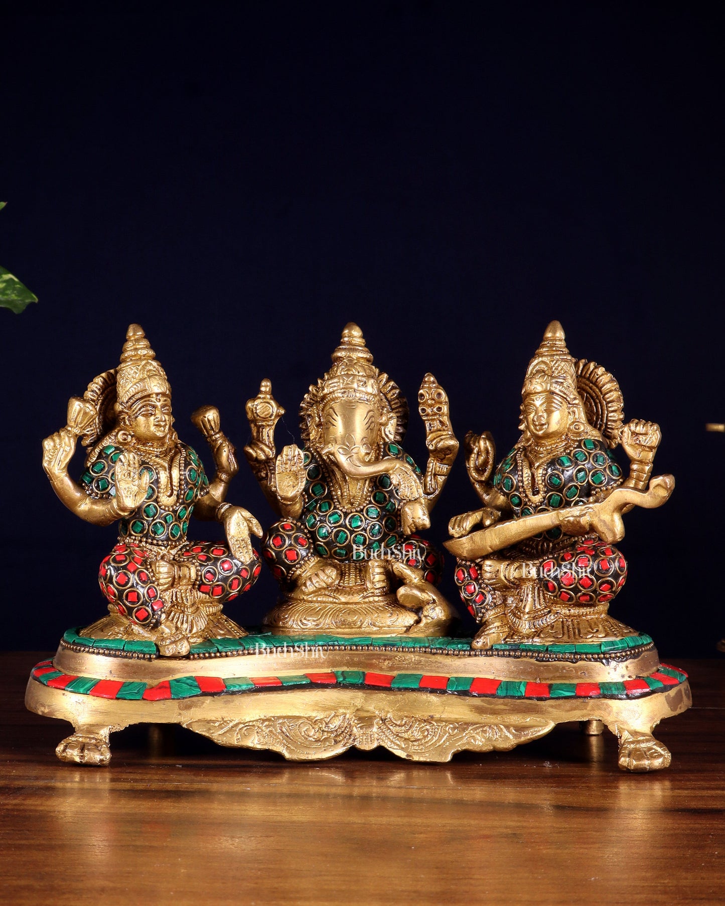 Ganesha Lakshmi Saraswati Brass Idols with meenakari stonework 6.5" - Sama Homes Idol - Brass Sculpture