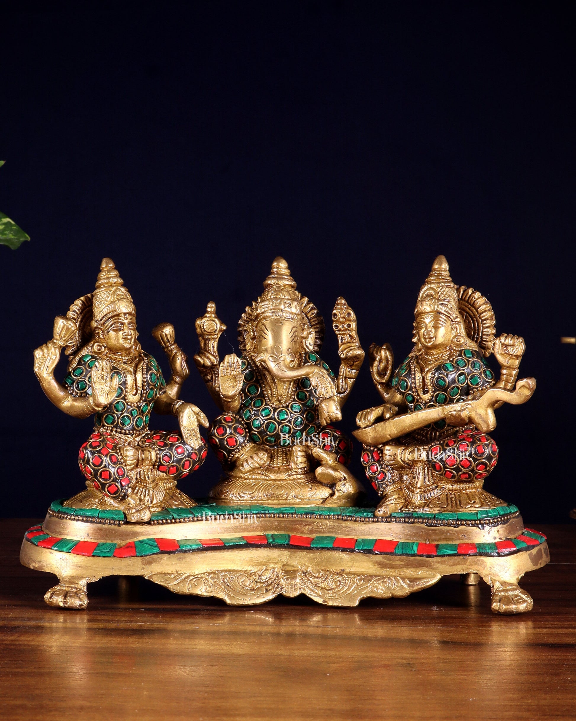 Ganesha Lakshmi Saraswati Brass Idols with meenakari stonework 6.5" - Sama Homes Idol - Brass Sculpture - Eco-friendly - Sama Homes