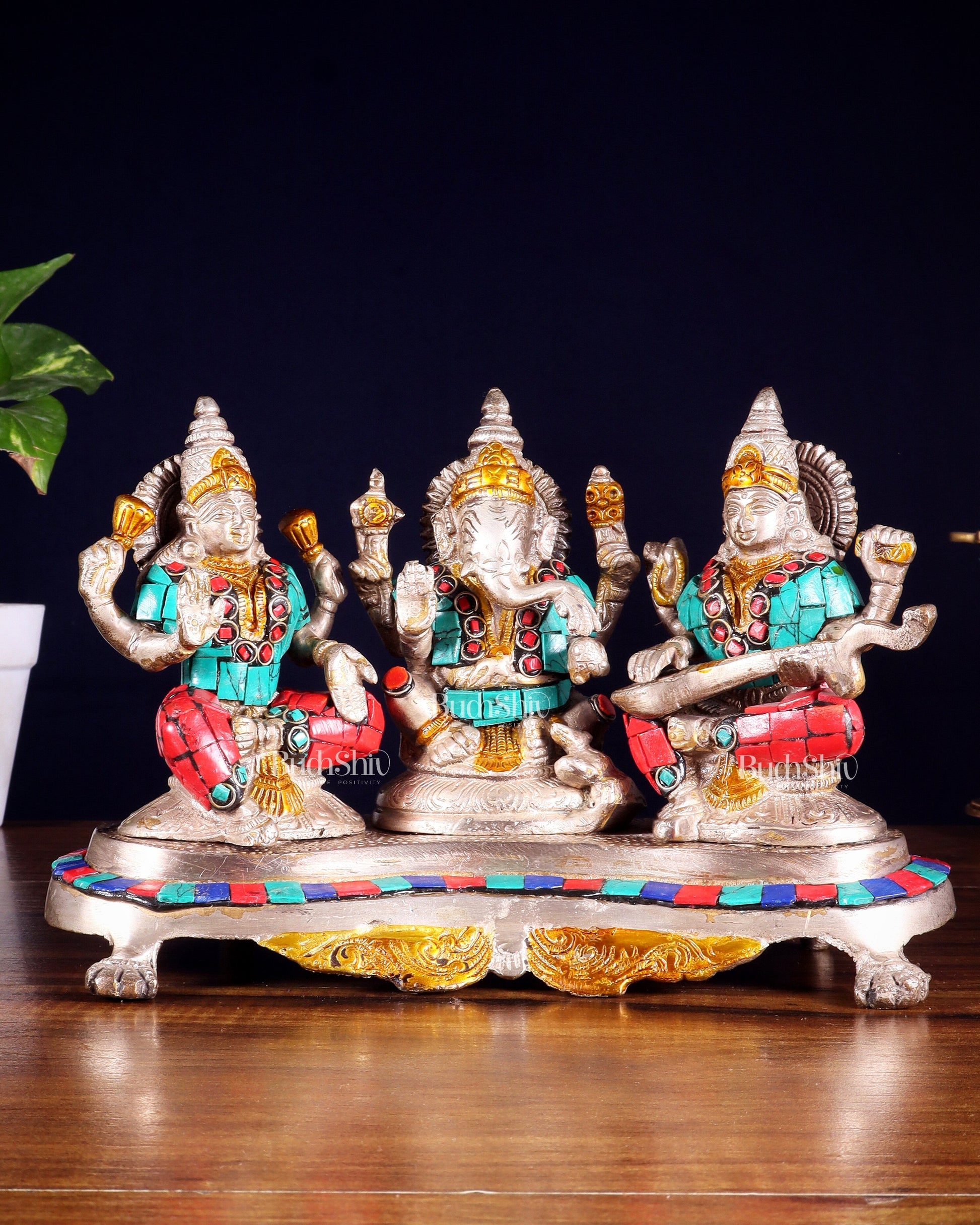 Ganesha Lakshmi Saraswati Brass Silver plated Idol with stonework 6.5" - Sama Homes Idol - Brass Sculpture - Eco-friendly - Sama Homes