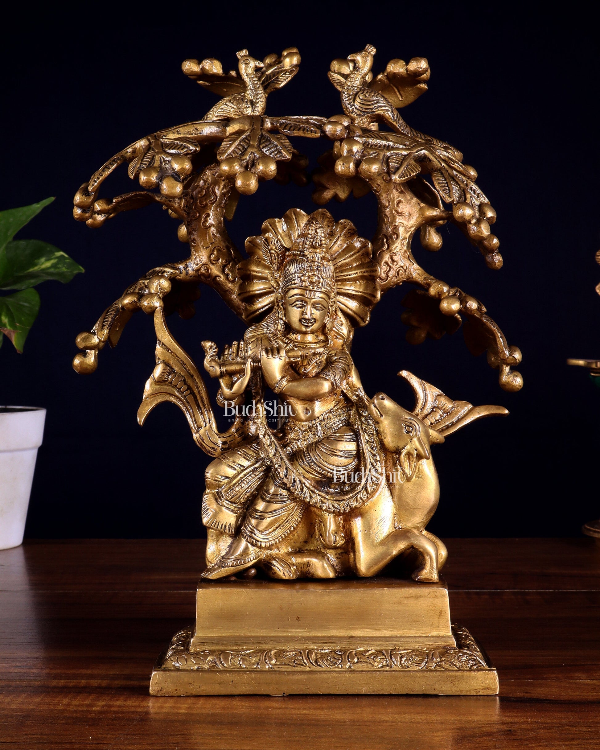 Brass Krishna sitting on Cow with Kalpavriksha | 12 inch | 100% Certified Copper & Brass - Sama Homes Idol - Brass Sculpture - Eco-friendly - Sama Homes