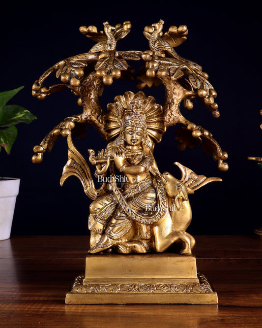Brass Krishna sitting on Cow with Kalpavriksha | 12 inch | 100% Certified Copper & Brass - Sama Homes Idol - Brass Sculpture