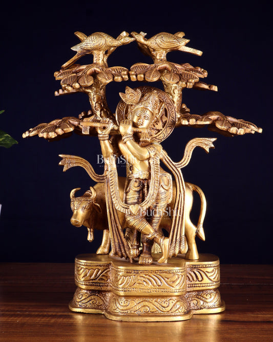 Pure Brass Krishna with Cow Under Kalpavriksha tree Statue 12 inch - Sama Homes Idol - Brass Sculpture