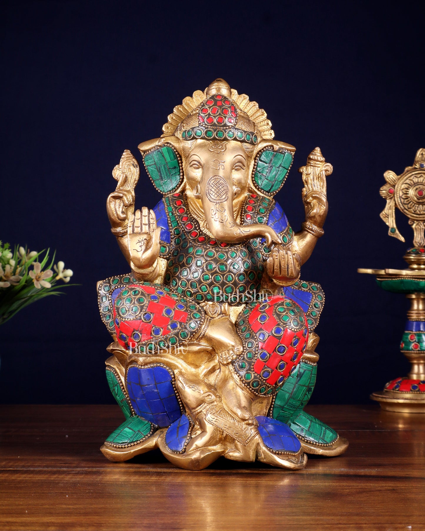 Handcrafted Brass Ganesha Idol with stonework - 10" - Sama Homes Idol - Brass Sculpture