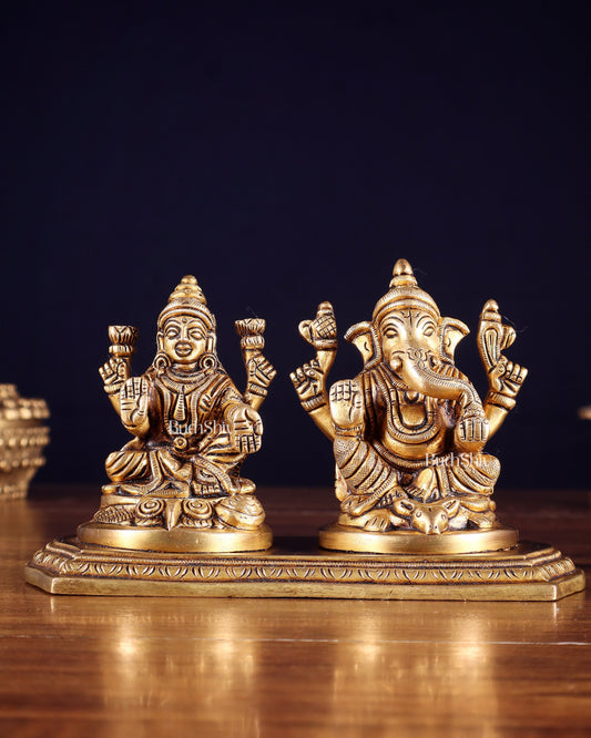 Pure Brass Ganesh Lakshmi Idol on Same Base 4 inch - Sama Homes Idol - Brass Sculpture