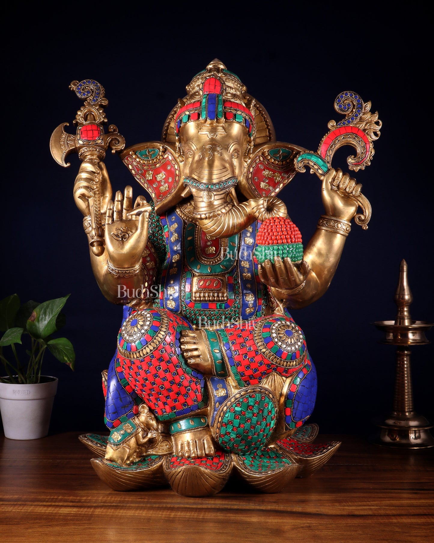Pure Brass Lord Ganesha Statue - Seated on Lotus, 22" with stonework - Sama Homes Idol - Brass Sculpture