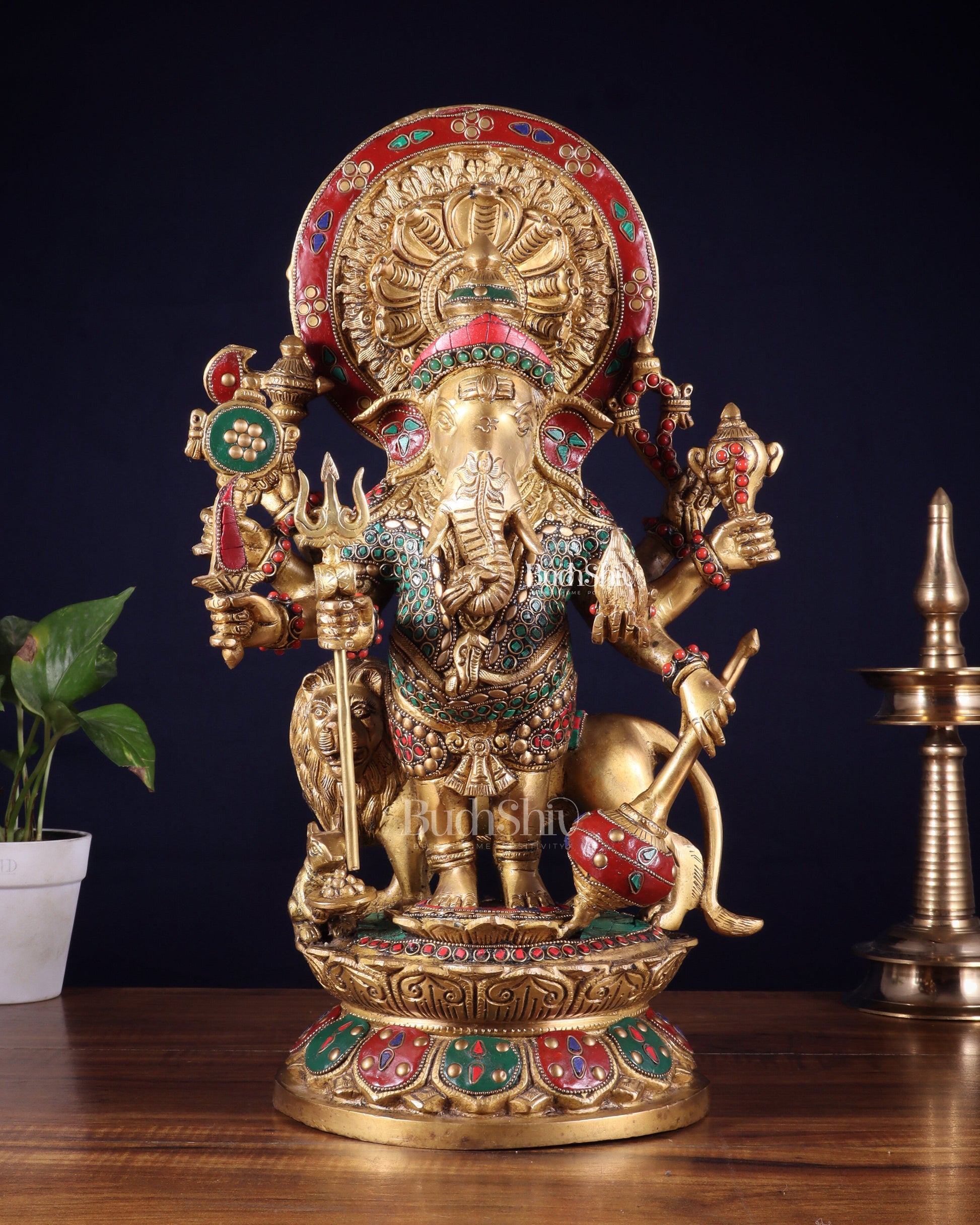 Large Brass Kana Drishti Ganesha Standing with Lion Statue 18 inch - Sama Homes Idol - Brass Sculpture - Eco-friendly - Sama Homes