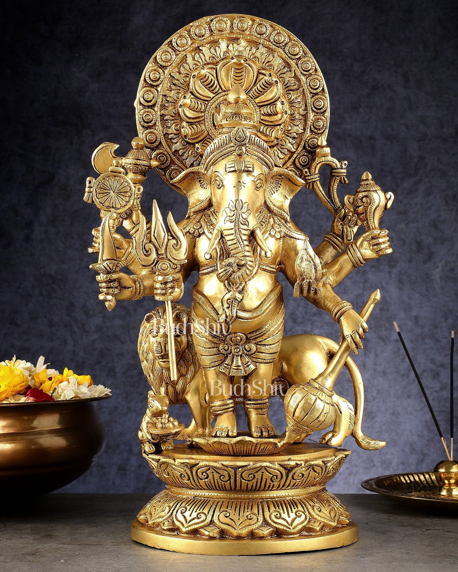 Large Brass Kana Drishti Ganesha Standing with Lion Statue | (18 inch/ 12kg) - Sama Homes Idol - Brass Sculpture - Eco-friendly - Sama Homes
