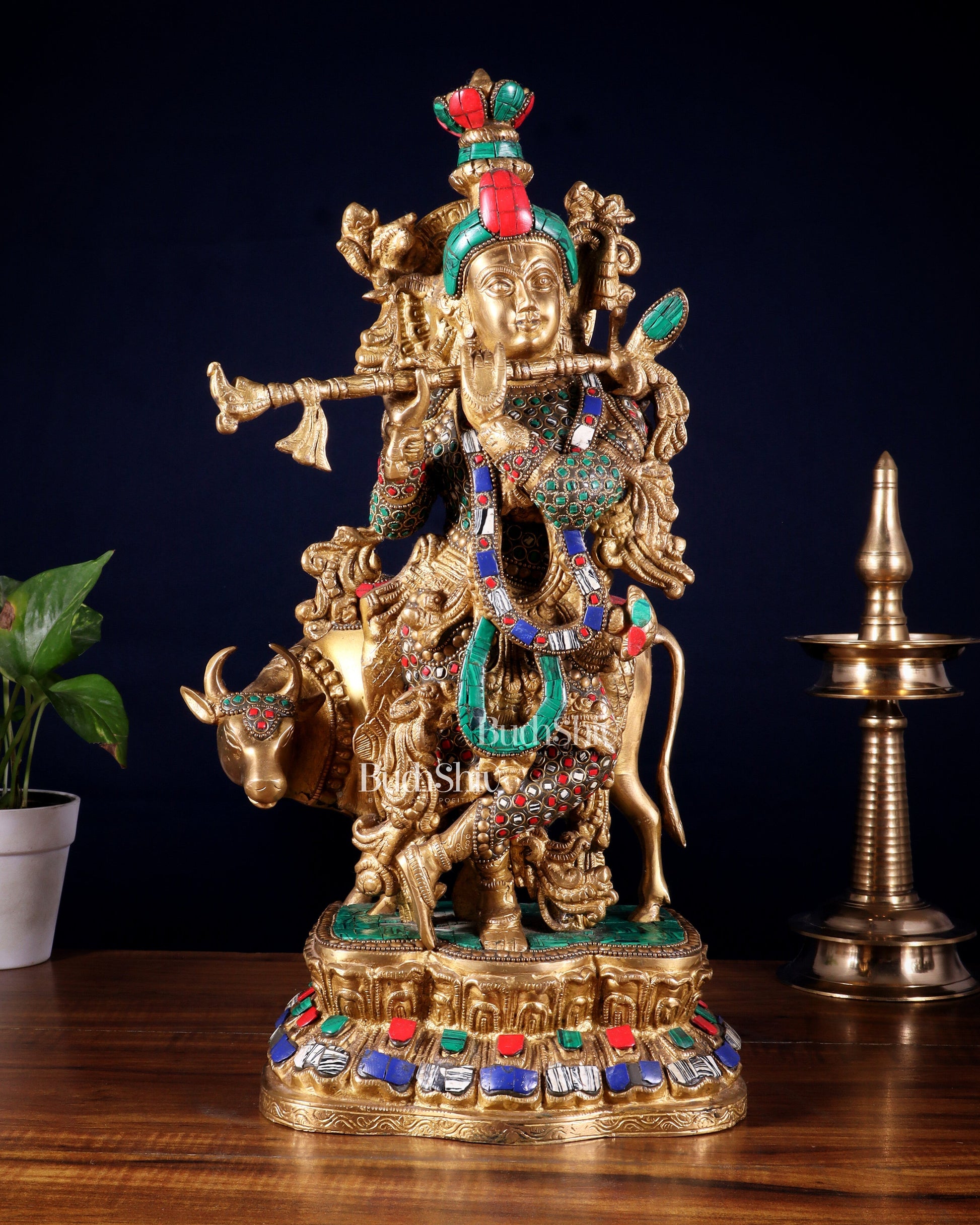 Lord Krishna with Cow Brass Statue - 17" Exquisite Sculpture - Sama Homes Idol - Brass Sculpture - Eco-friendly - Sama Homes