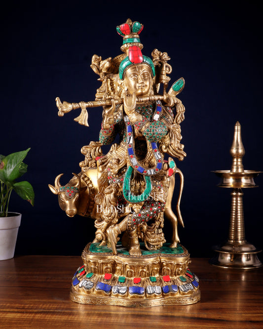Lord Krishna with Cow Brass Statue - 17" Exquisite Sculpture - Sama Homes Idol - Brass Sculpture