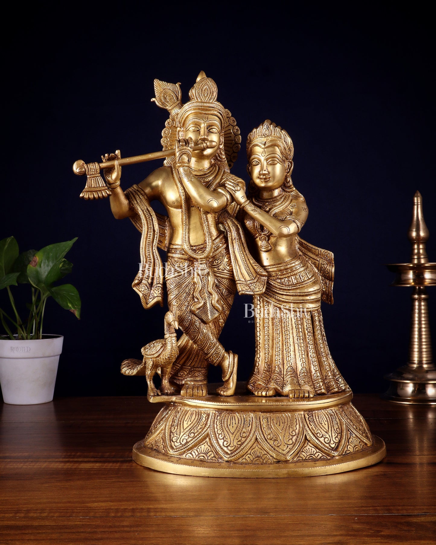 Pure Brass Radha Krishna with Peacock Idol - 16" - Sama Homes Idol - Brass Sculpture