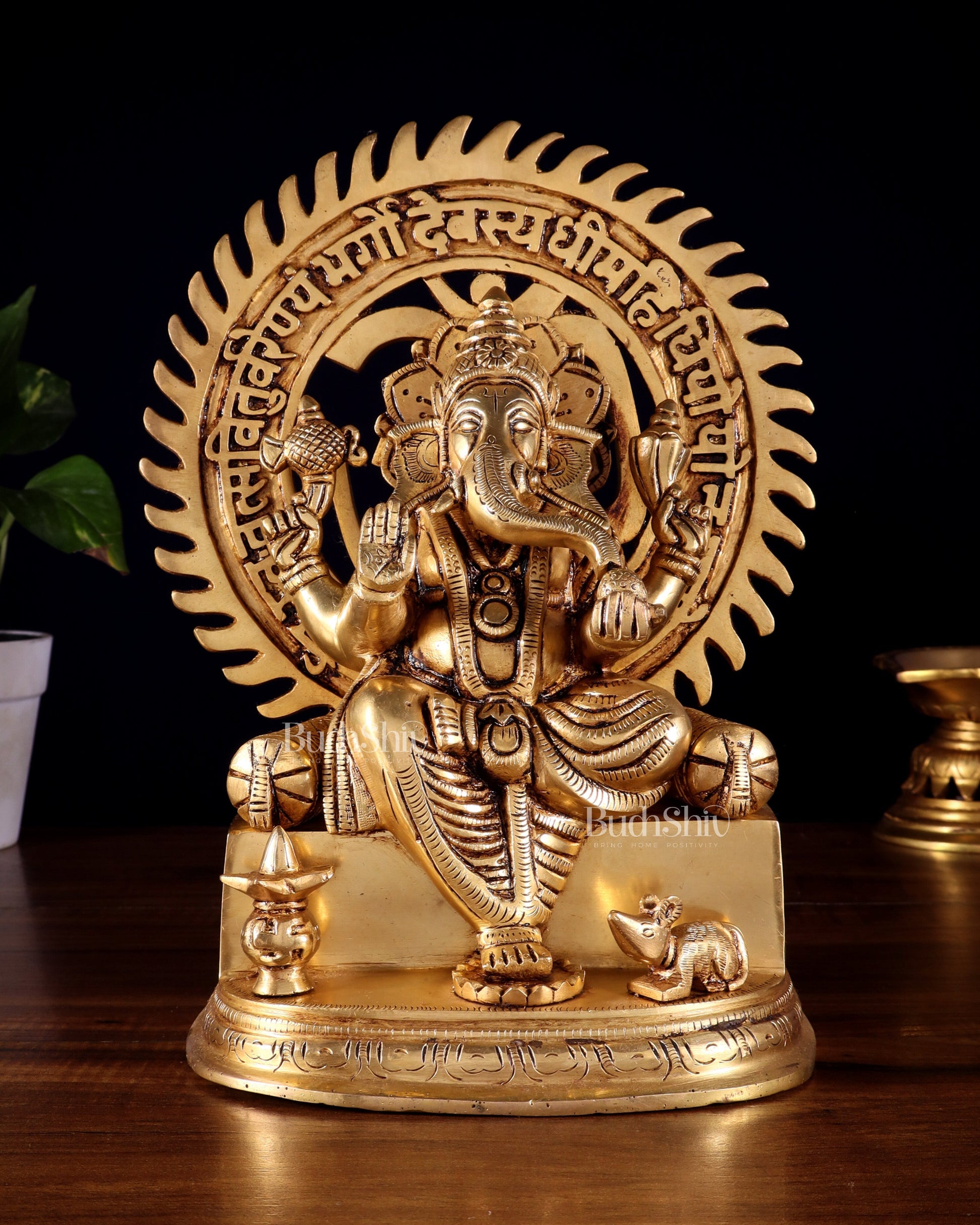 Brass Raja Ganesha Seated on Throne with Om Gayatri Mantra Prabhavali 10 inch | 100% Certified Copper & Brass - Sama Homes Idol - Brass Sculpture - Eco-friendly - Sama Homes