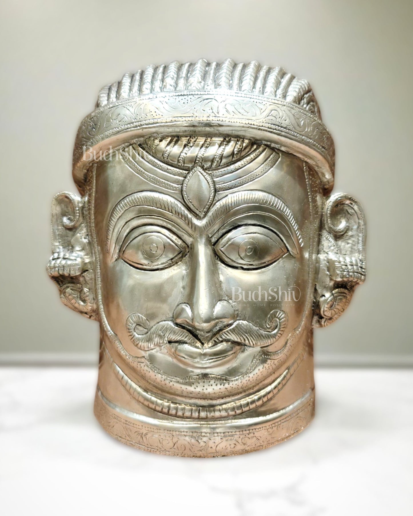 Brass Lord Shiva Face Mukhalingam – 11 inch silver plated | 100% Certified Copper & Brass - Sama Homes Idol - Brass Sculpture